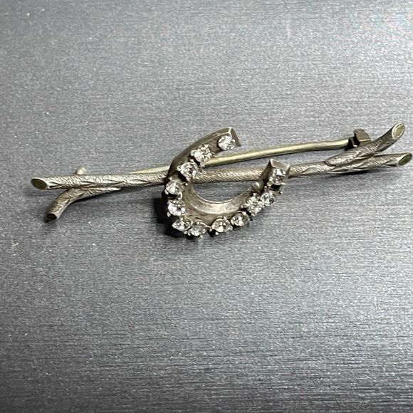 Silver Branch Lucky Horseshoe Antique Brooch White Rhinestones 800 Silver - Picture 7 of 12